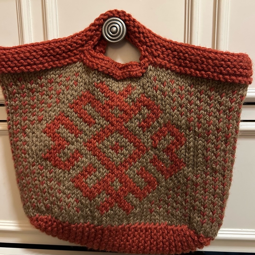 Handcrafted Red and Brown Slavic Star Pattern Knit Tote Bag Purse